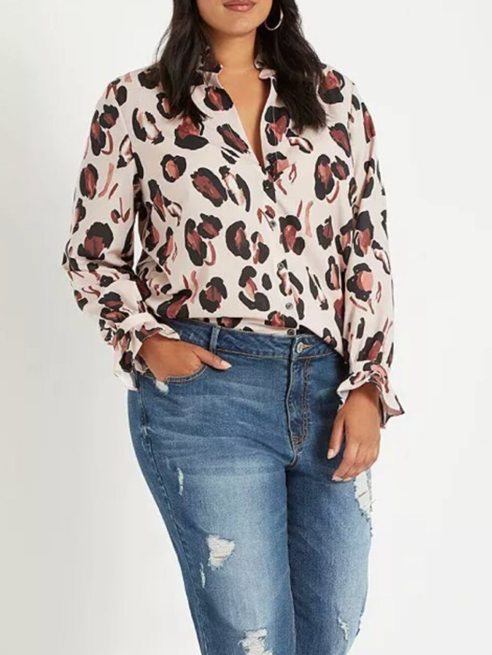 Eloquii Ruffle Neck Button Down Blouse Size 24 Cream Brown Animal Print Plus NWT